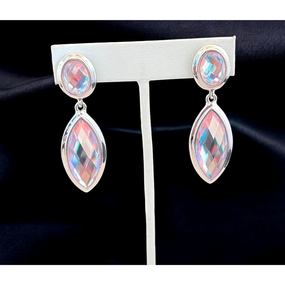 Vintage 1980s AB Glass Drop Earrings Silver Tone Faceted - 9Q